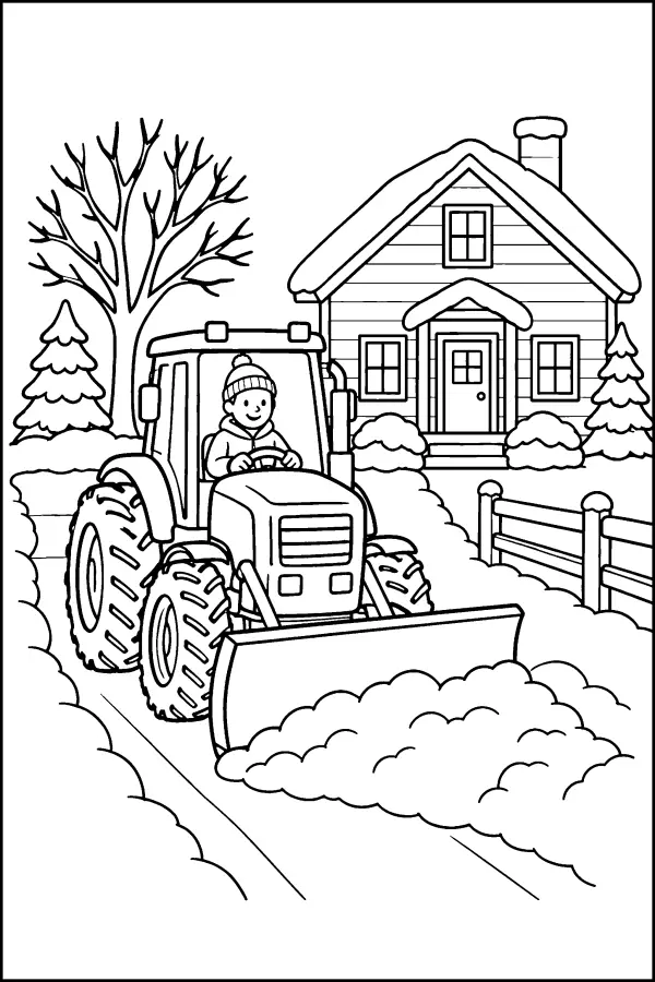 Coloriage d’un tracteur qui déneige l’allée