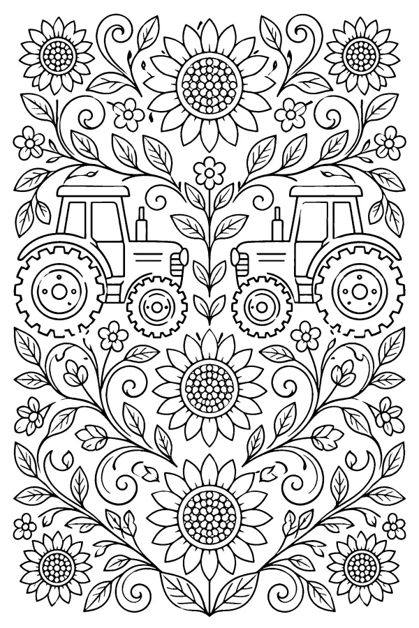 Coloriage détaillé de tracteurs parmi des tournesols