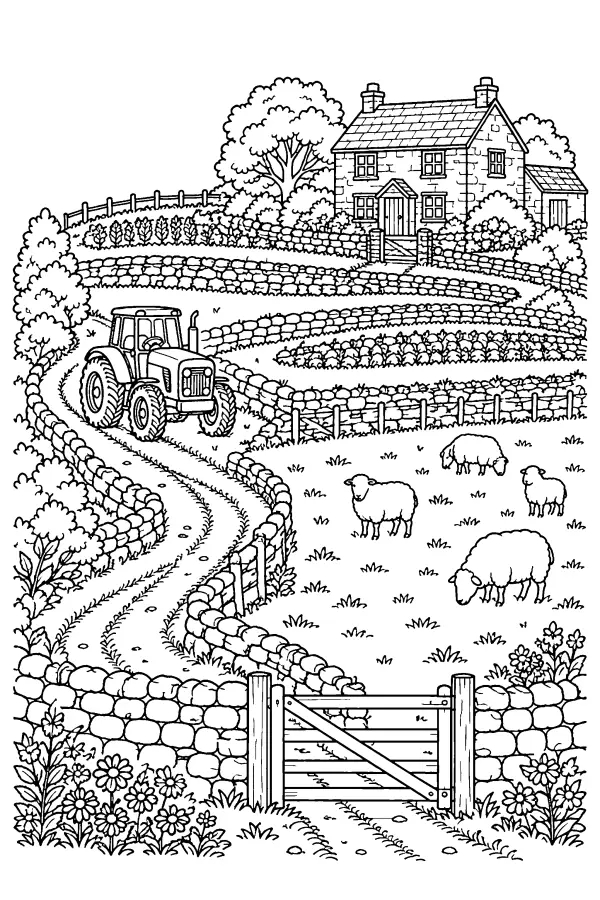 Dessin à colorier d’un tracteur sur un chemin en terrasses