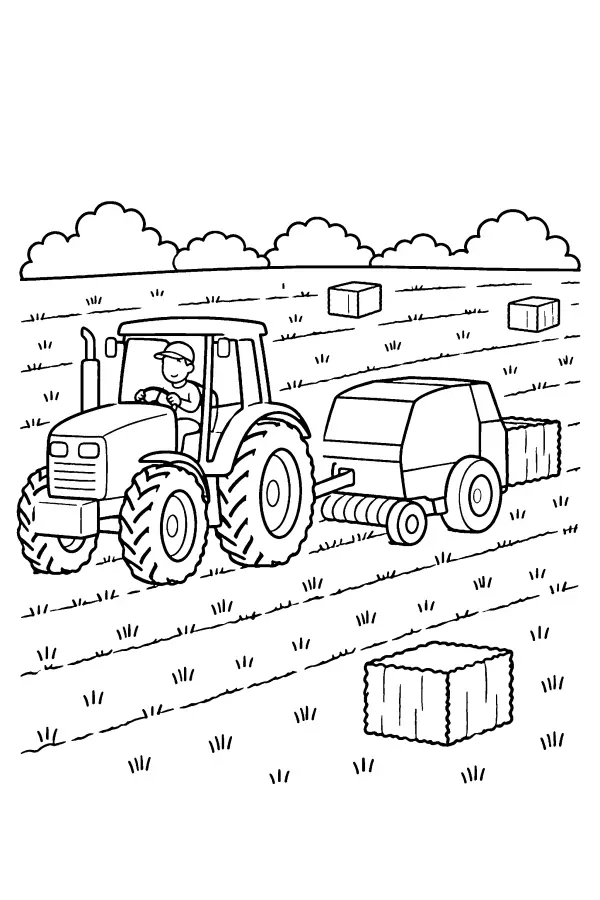 Dessin à colorier d’un tracteur avec presse à balles