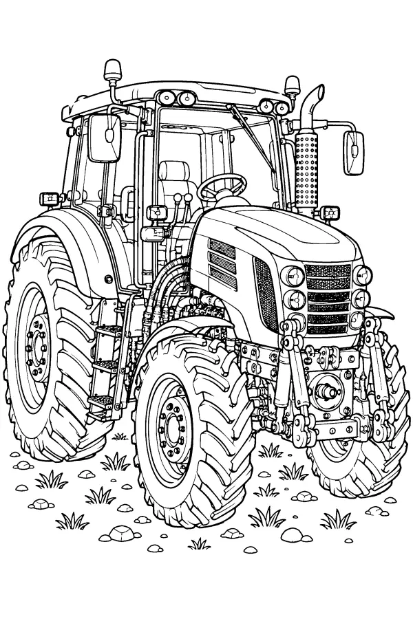 Dessin à colorier d’un tracteur détaillé en trois quarts