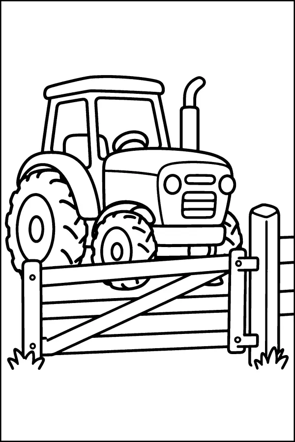 Coloriage facile d’un tracteur derrière un portail
