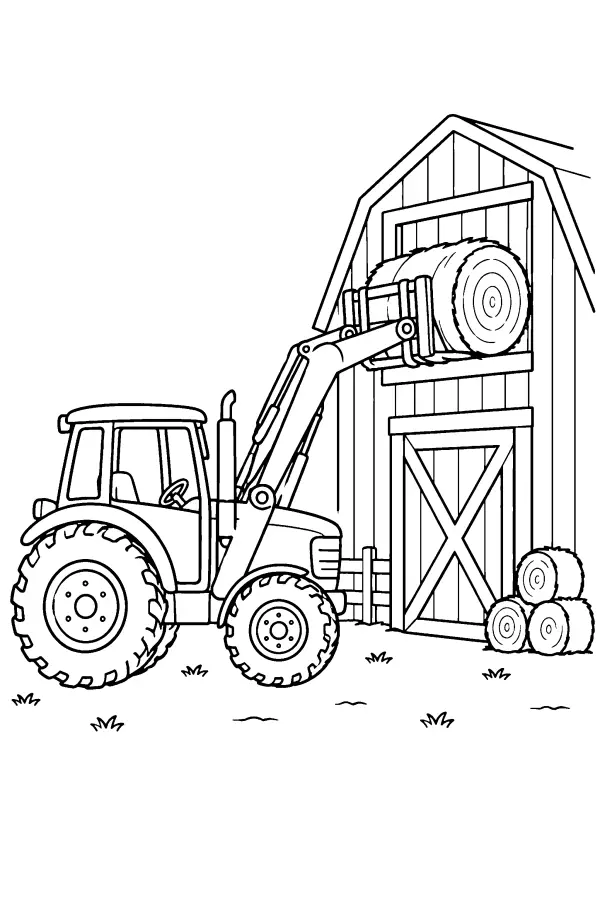 Coloriage d’un tracteur levant une balle de foin