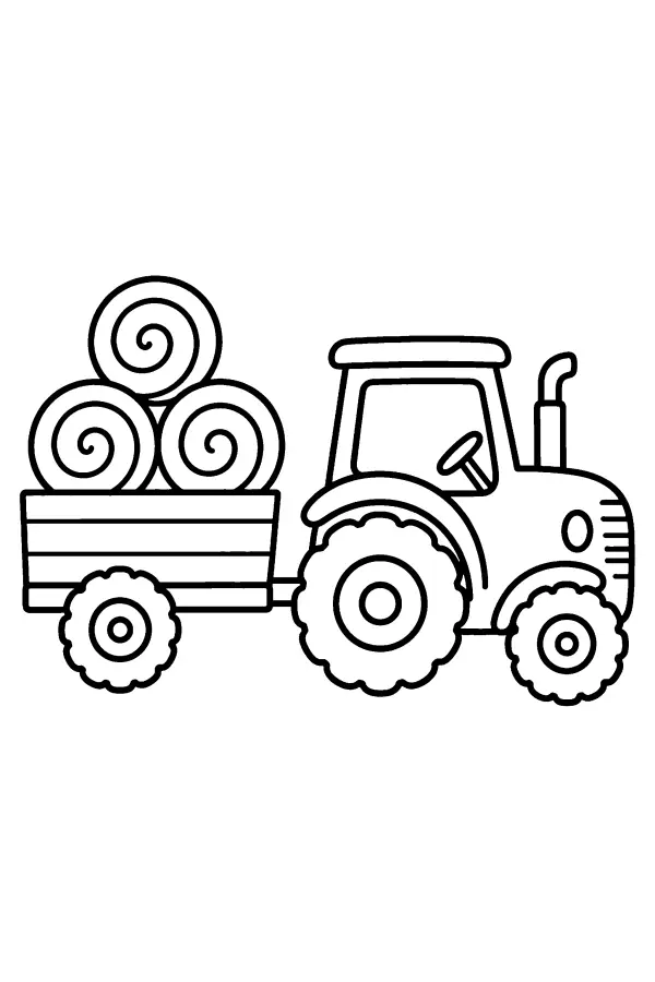 Coloriage d’un tracteur tirant des balles de foin
