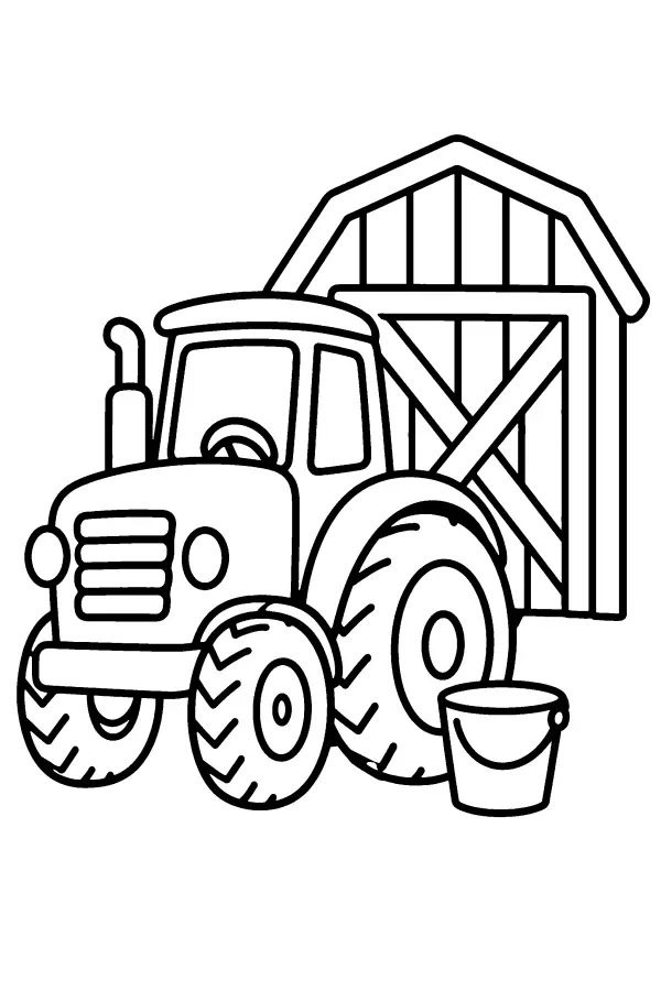 Coloriage facile d’un tracteur devant la grange