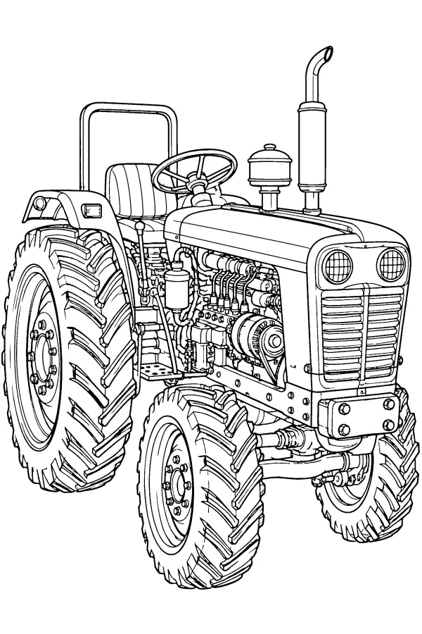 Coloriage détaillé du moteur d’un tracteur