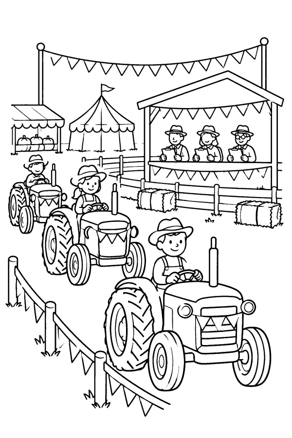 Dessin à colorier d’un défilé de tracteurs à la foire