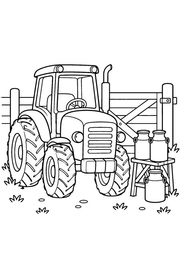 Coloriage d’un tracteur près d’un portail de ferme