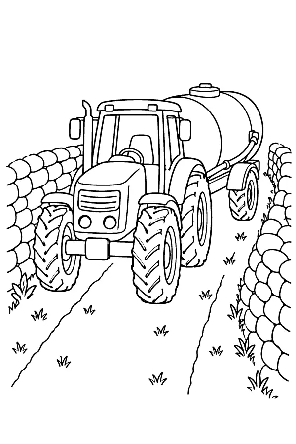 Dessin à colorier d’un tracteur sur un chemin de campagne