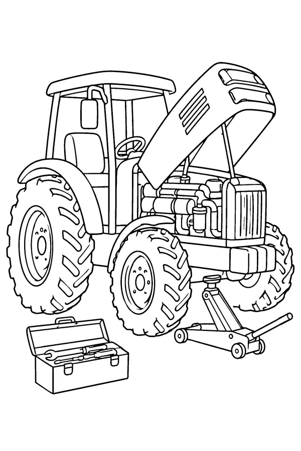 Dessin à colorier d’un tracteur en réparation