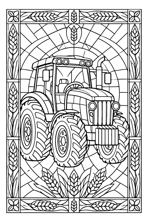 Dessin à colorier d’un tracteur façon vitrail