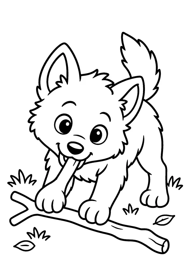 Wolf Pup With Stick